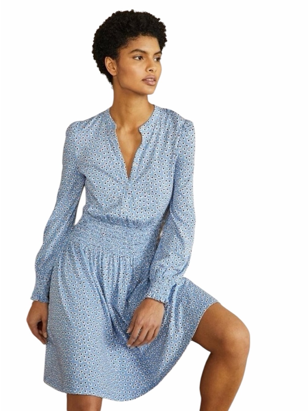 Boden - Blue Ditsy Floral Smocked Waist Midi Dress Sz 8 Long